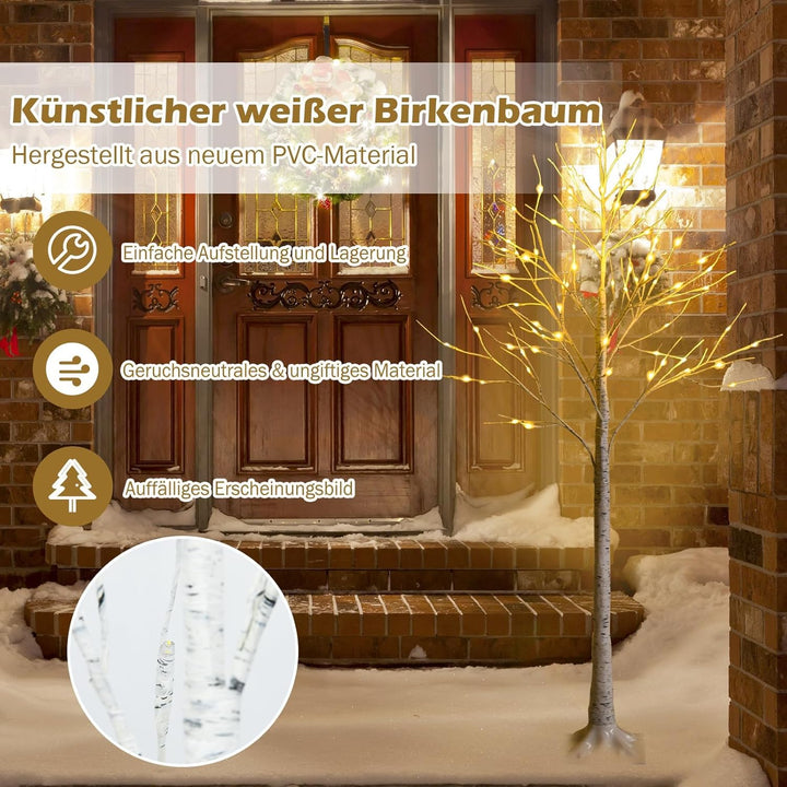 COSTWAY 150cm LED Lichterbaum, Birkenbaum mit warmweissen LED-Leuchten, künstlicher Weihnachtsbaum,