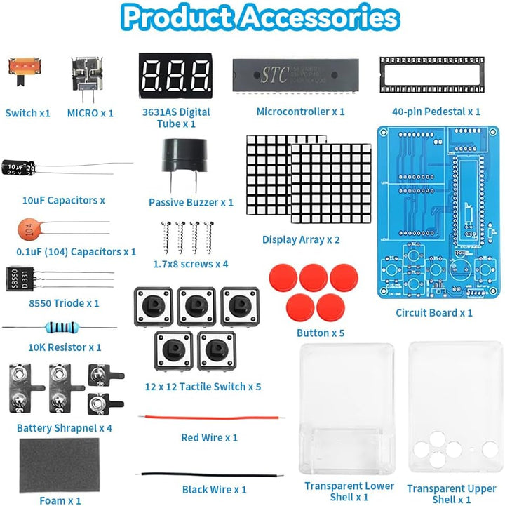 DIY Spielekonsole Löten Bausatz, Elektronik Baukasten Handheld Game Console Kit mit Acrylgehäuse, Lö