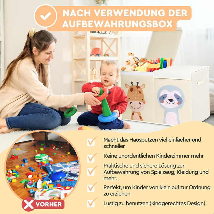 Faltbare Beige Spielzeugkiste mit Deckel und 78 Liter Inhalt. Verbesserte Version. Aufbewahrungsbox