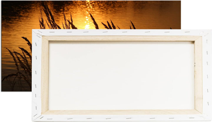 Gräser am Ufer eines Sees Panorama 100x50 cm als Leinwandbild, Motiv fertig gerahmt auf Echtholzrahm