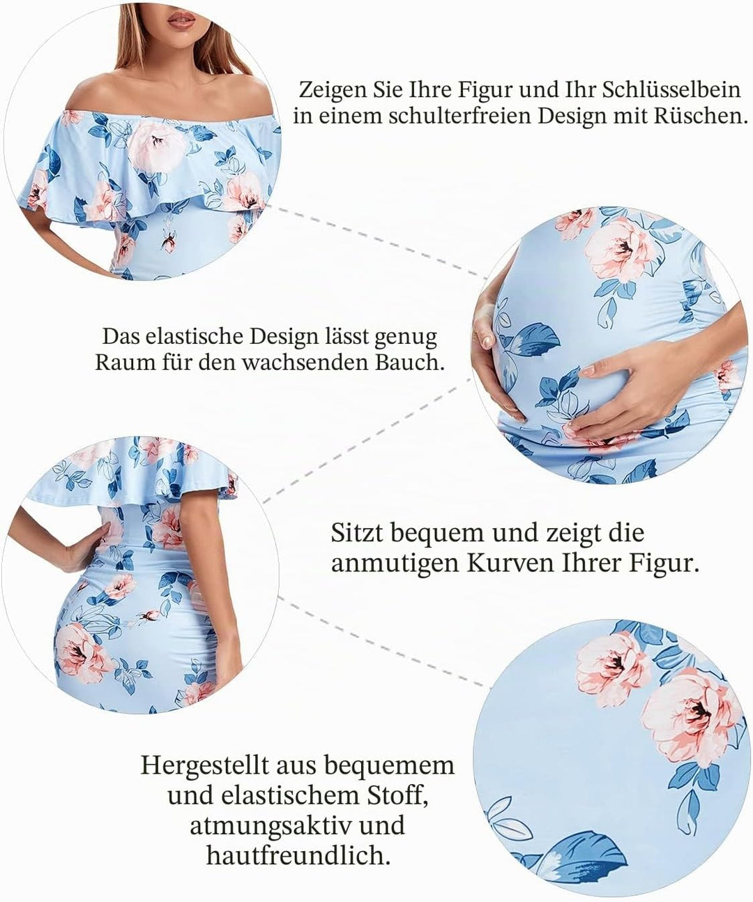 Shen&amp;Qege Umstandskleid Lässig mit Schulterfreiheit, Rüschen, ärmellos, Bodycon, Umstandsmode Sommer