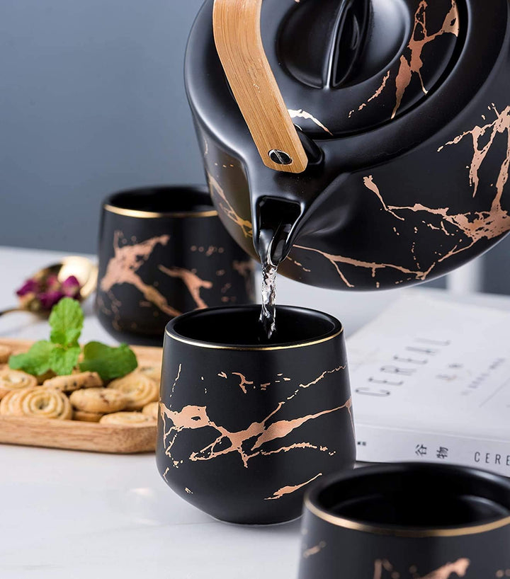 KKGUD Japanischer Stil, Keramik-Teeset, elegante Teekanne und 4 Teetassen mit Holztablett für Nachmi