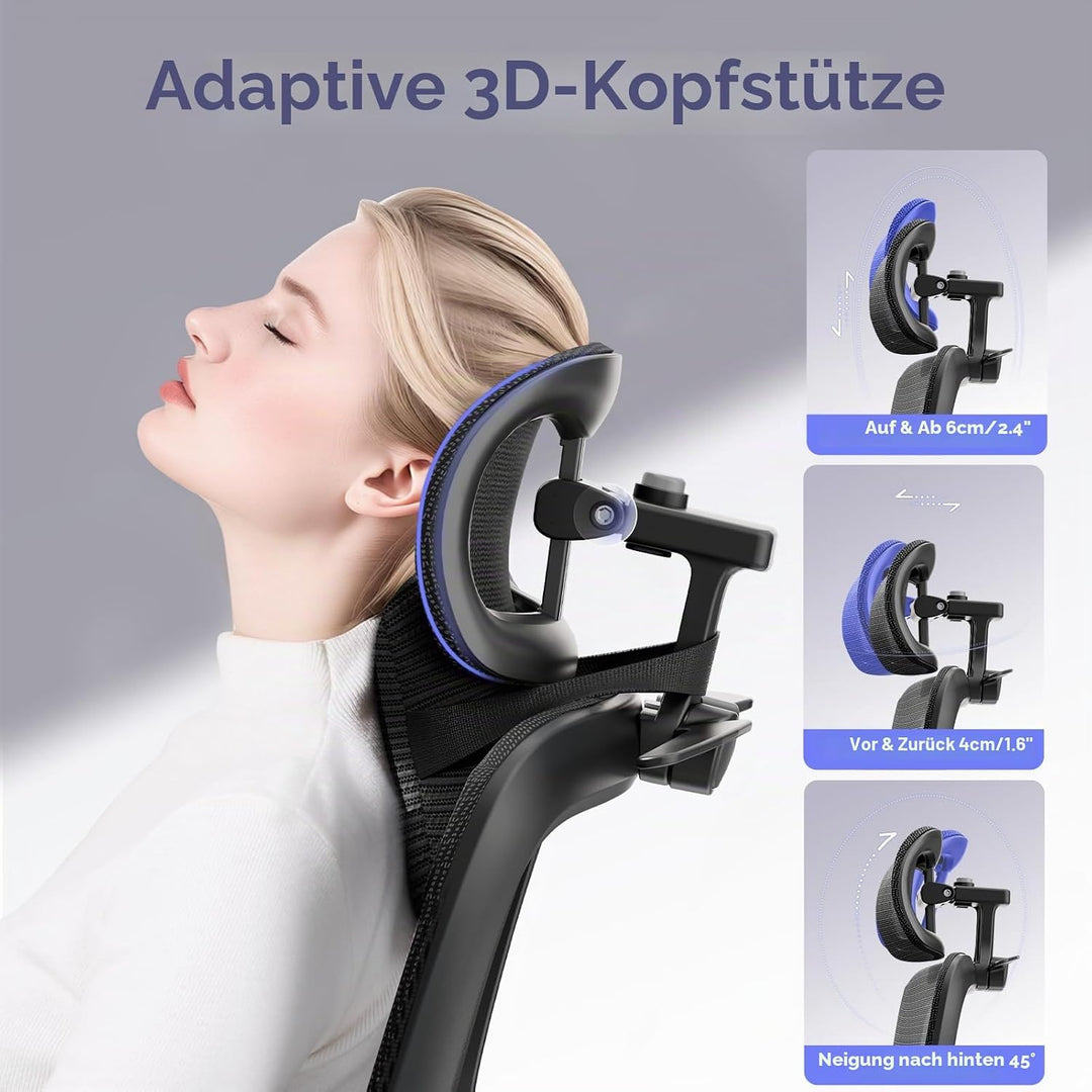 Ergonomischer Bürostuhl Schreibtischstuhl, Netzstoff Drehstuhl mit 2D-Lendenwirbelstütze &amp; 3D-Kopfst