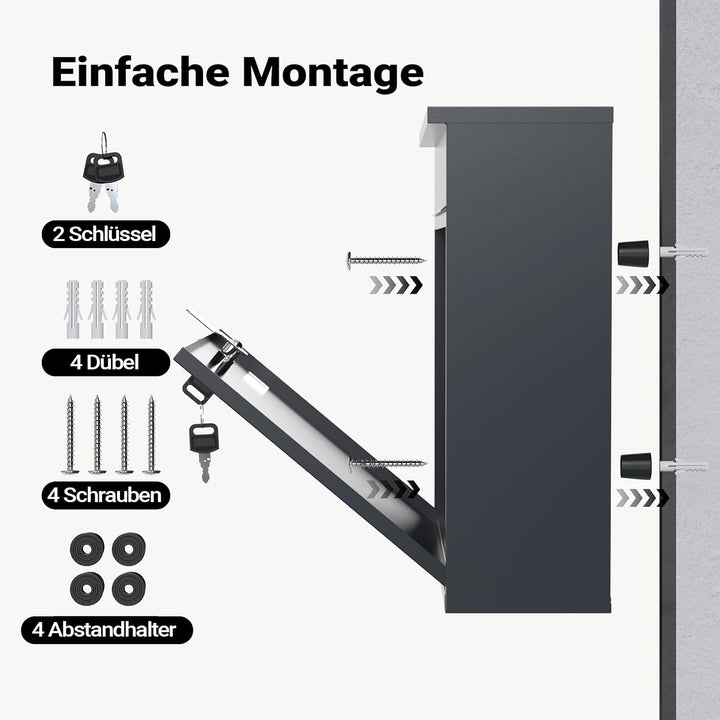 Wiltec Briefkasten V12 Anthrazit 360 x 115 x 320 mm, Wandbriefkasten mit Schloss, Sichtfenstern und