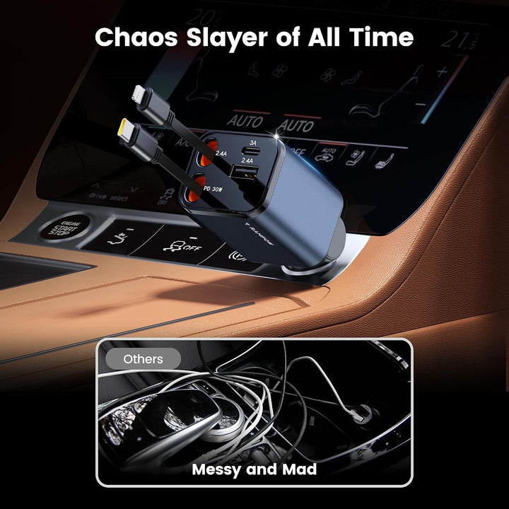 RAMPOW Zigarettenanzünder USB C, Auto Zubehör 65W Auto ladegerät Kfz Zubehör, 4in1 Einziehbares Auto