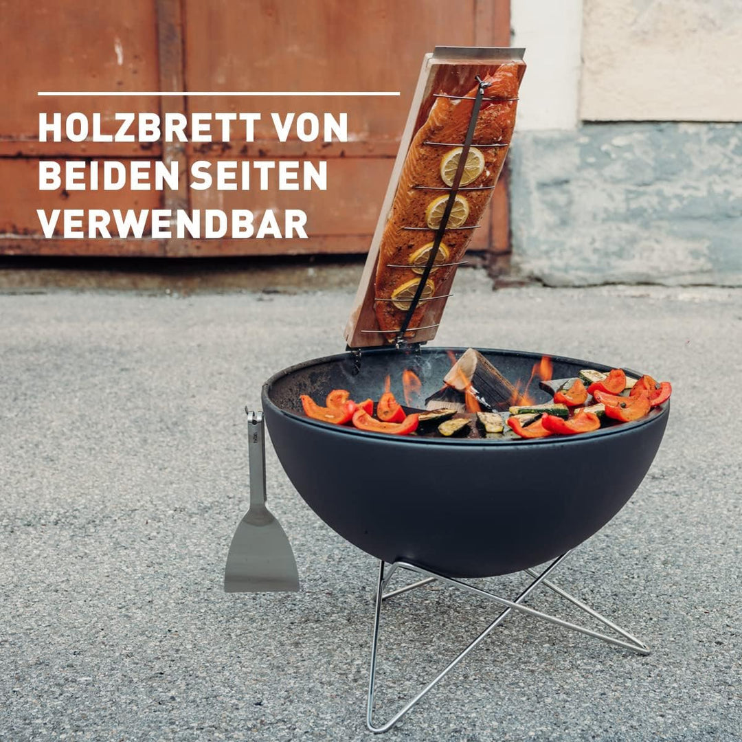 höfats - Flammlachsbrett mit Edelstahl Halterung - Flammlachs Räucherbrett aus Buche - verstellbar z