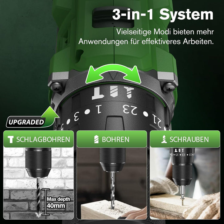 Ginour 21V Bürstenlos Akku Schlagbohrschrauber Set inkl. 2x2.0Ah Akku, 50 Nm Bohrschrauber, 23+3 Dre