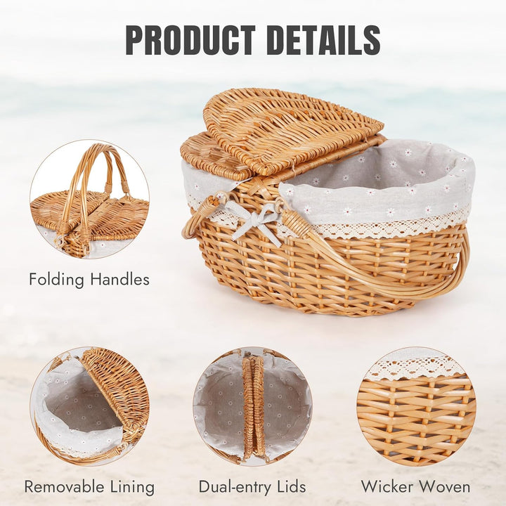 Happypicnic Picknickkorb aus Weidengeflecht mit Griff, 38,1 cm grosser, leerer Picknickkorb mit Deck
