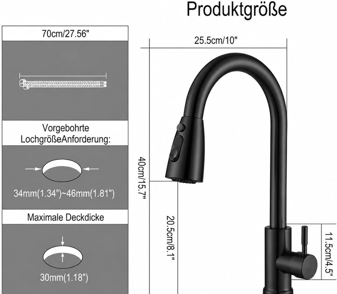 Cieex Wasserhahn Küche Schwarz, Hochdruck Küchenarmatur Ausziehbar 360° Drehbar, Mischbatterie Spült