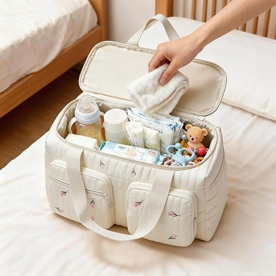Grosse Wickeltasche &amp; Kliniktasche für Mütter, aus Baumwolle mit Bestickung, grosses Fassungsvermöge