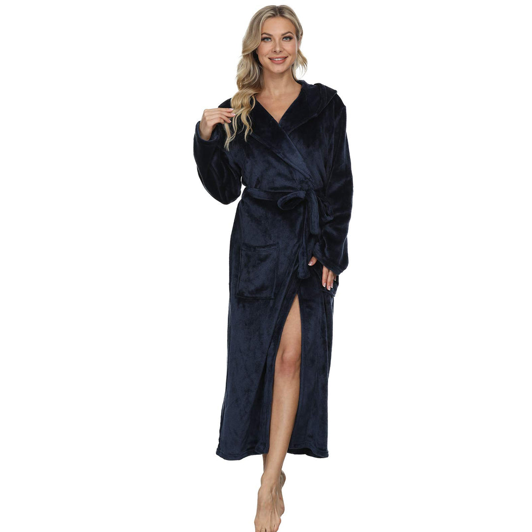 Mnemo Bademantel Damen Lang mit Kapuze Bademantel Damen Frottee Bademantel Damen Flauschig Blau L, B