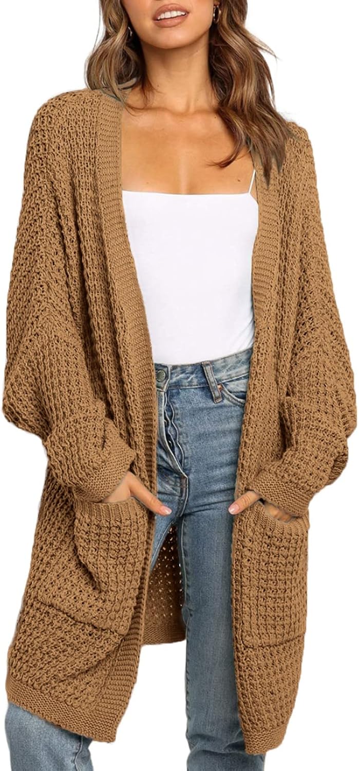 Damen Lang Strickjacke Oversize Langarm Sweater Cardigan Casual Strickmantel Herbst Outerwear mit Ta