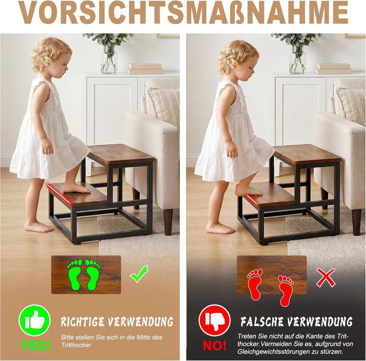 ROTTOGOON Tritthocker 2 Stufen für Erwachsene Kinder, Anti-Rutsch Tritthocker Holz Metallrahmen mit
