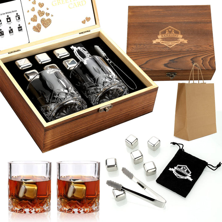 Whisky Stones Gift Set Whisky Glass Set 2 Stainless Steel Iced Whisky Cube-Scotch Bourbon Gift Box S