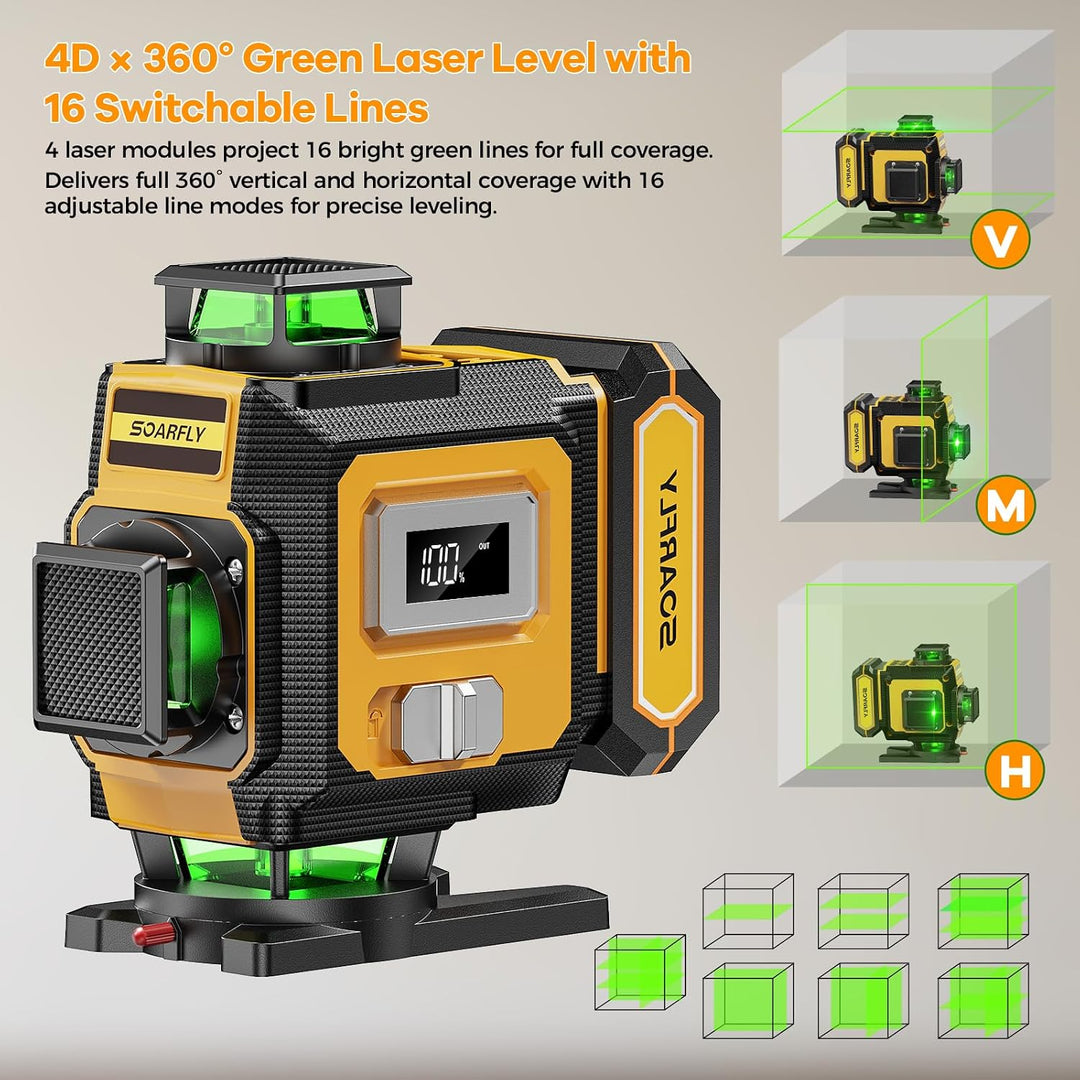 SOARFLY 4D Kreuzlinienlaser mit Stativ, 4×360° Selbstnivellierender Grüner Linienlaser, 2×4000mAh Ak