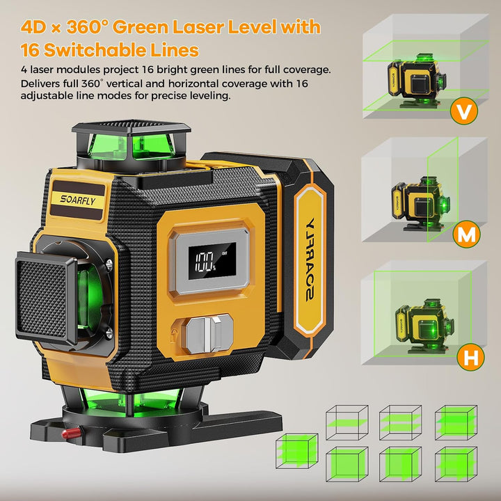 SOARFLY 4D Kreuzlinienlaser mit Stativ, 4×360° Selbstnivellierender Grüner Linienlaser, 2×4000mAh Ak