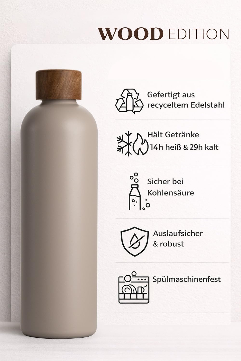 T&amp;N Edelstahl Trinkflasche 1 Liter, Thermosflasche 1l mit Akazienholz Deckel, Isolierte Wasserflasch
