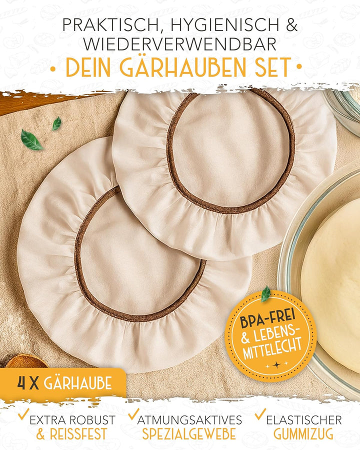 KRUSTENZAUBER 4x Abdeckhaube für Gärkörbe - Wiederverwendbar Gärfolie als Brot backen Zubehör – Gärh