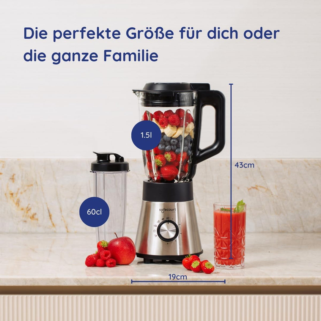 Safecourt standmixer – Kraftvoller Smoothie Maker, Blender & Mixer [1300W & 1,5L Glasbehälter] – für