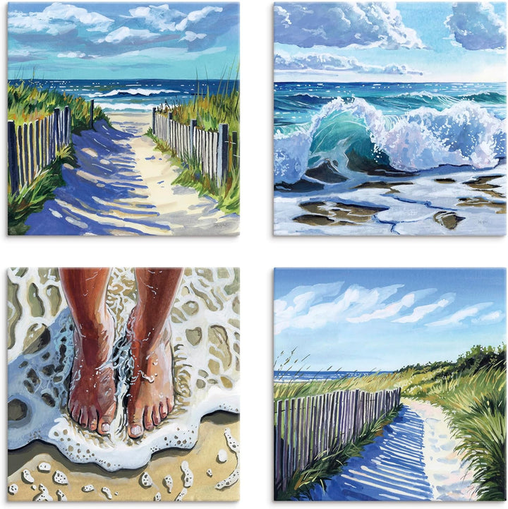 ARTLAND Wanddeko Leinwand Bilder Set 4tlg. je 40x40 cm Strand Urlaub blaues Wasser Wellen Entspannun