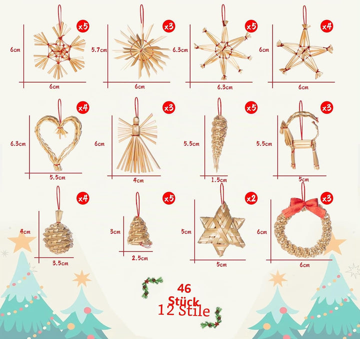 46 x Weihnachten Natur Strohsterne Set,Christbaumschmuck Stroh mit Natürlichen Akzenten,Handgemacht