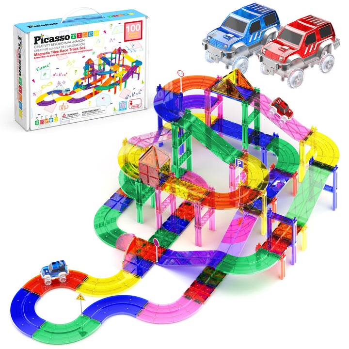 PicassoTiles 100 PCs Race Car Track Set Magnetic Toy Building Block with 2 LED Cars with Height Adju