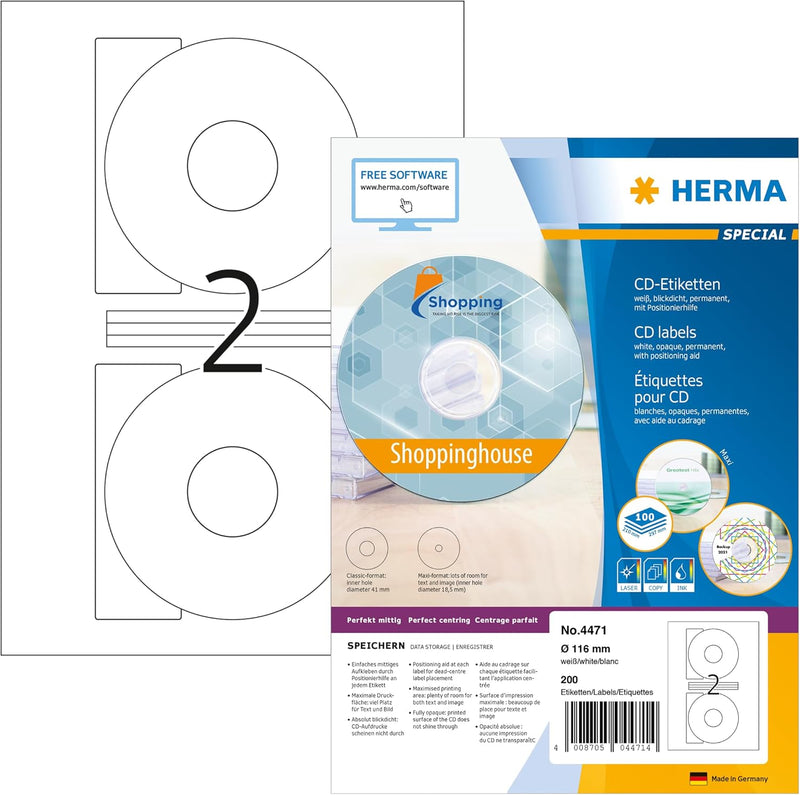 HERMA 4471 CD DVD Etiketten inkl. Zentrierhilfe blickdicht, 100 Blatt, Ø 116 mm, 2 Stück pro A4 Boge