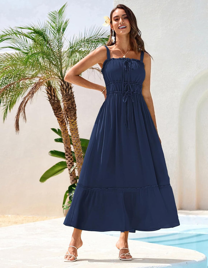 GRACE KARIN Damen Sommer Kleid Elegante Spaghettiträger A-Linie Freizeitkleid Maxi Casual Ãrmellos S
