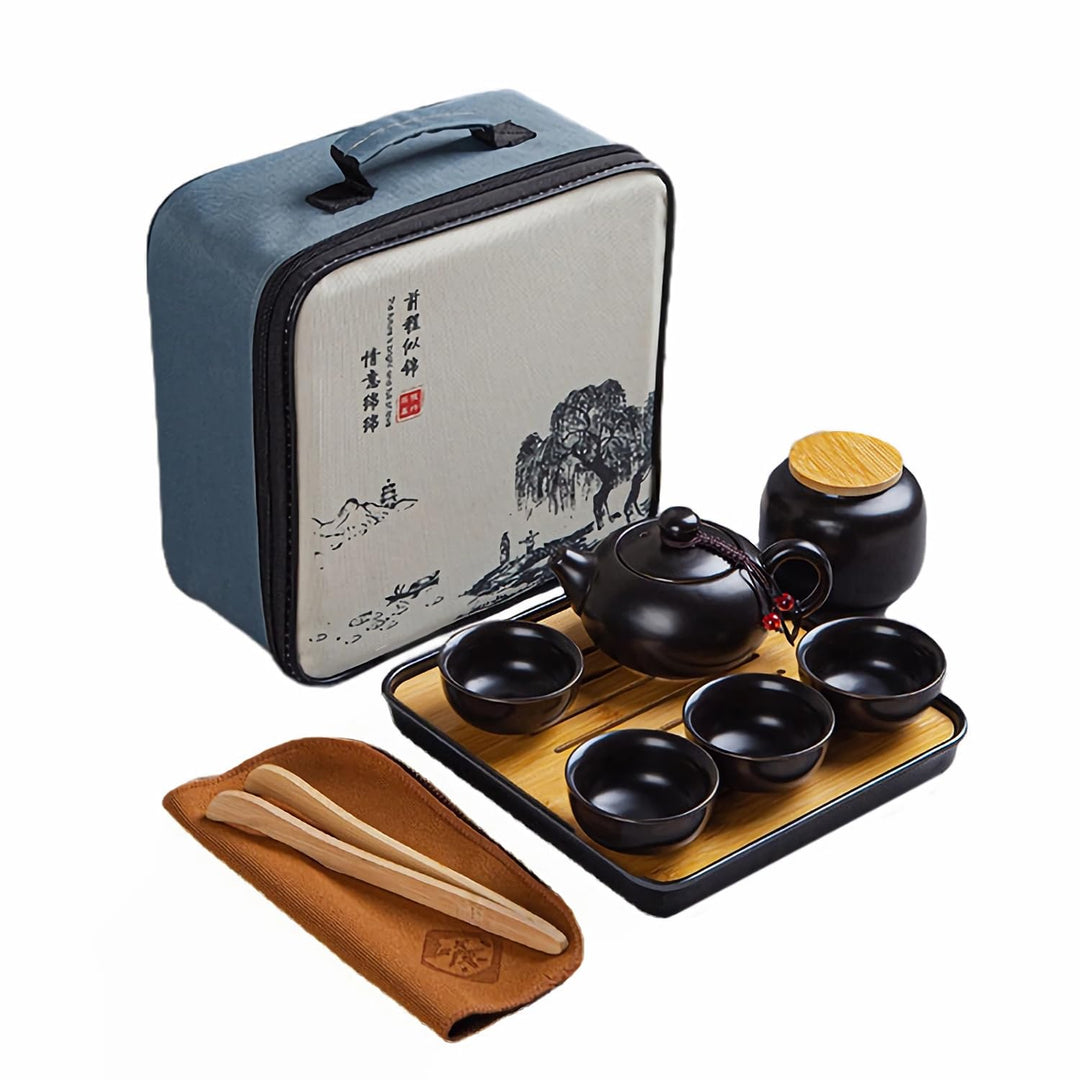 Teekanne Sets, Chinesisches Kungfu Teeservice, Keramik Teekanne mit 4 Tassen und Teedose Tablett, Al