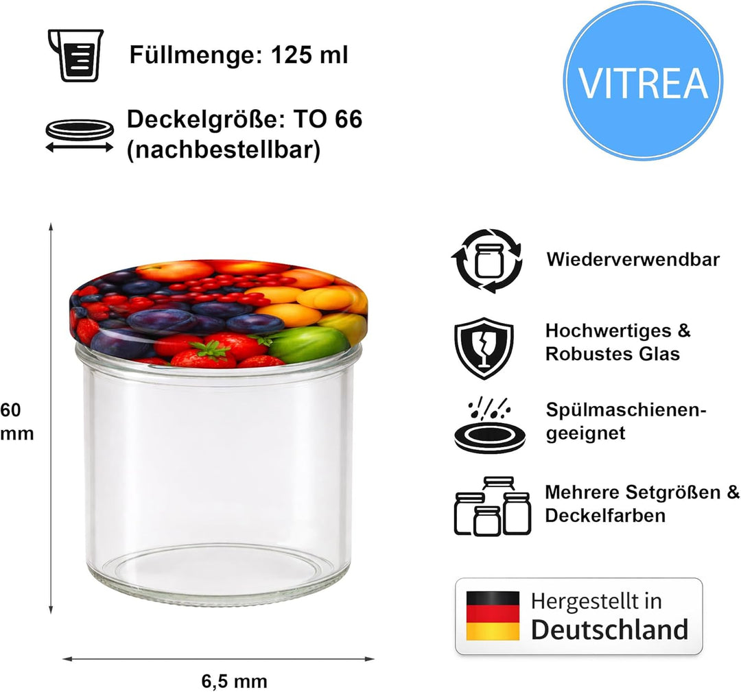 Vitrea 100x Marmeladengläser 125 ml - mit Deckel Obst TO 66 - Einmachgläser zum befüllen mit Schraub