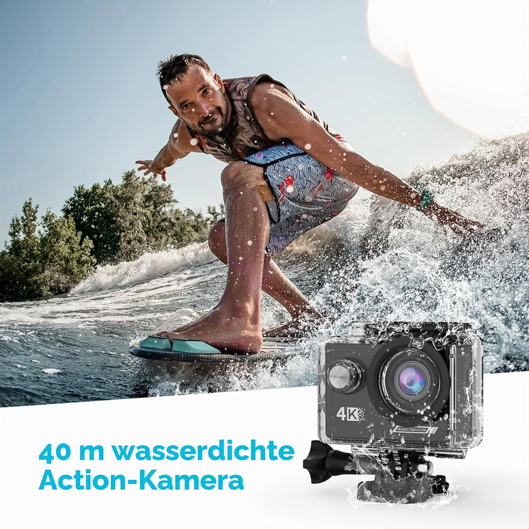 4K Action Cam mit 64G SD Card, 40M Unterwasserkamera WiFi 170° Helmkamera HD 20MP Wasserdicht Action
