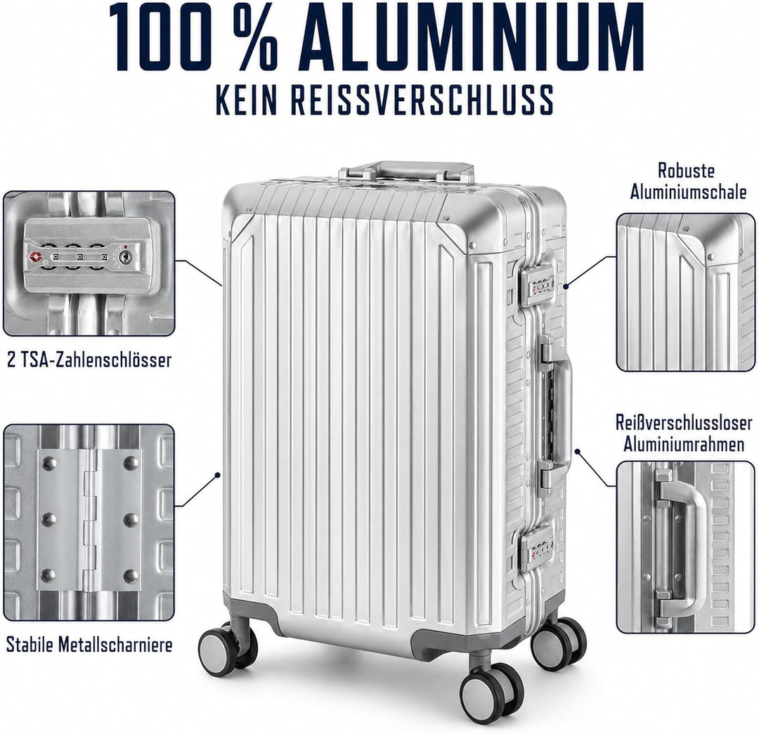 Travelhouse Tokyo 100% Aluminium Reisekoffer Silber M-66cm Hartschalenkoffer 2X TSA Zahlenschloss 4