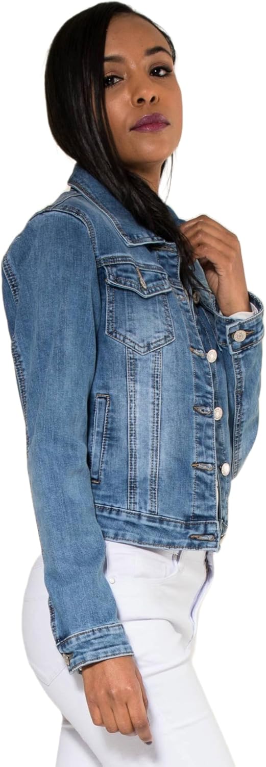 Nina Carter S338 Damen Jeansjacke Übergangsjacke Leichte Waschungseffekt Jacke Blau Denim Casual S H