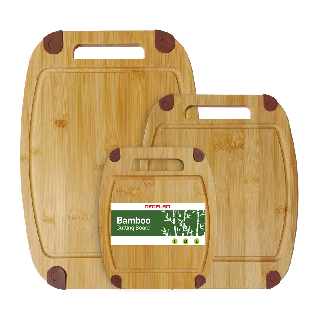 NEOFLAM® - Bambus Schneidebrett Holz rutschfest 3er Set Schneidbretter mit Griff & Saftrille - natür
