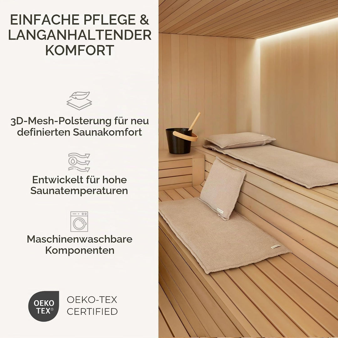 SAUNASOFA Set Short – 2-Sitzer Sauna-Auflage mit Kissen – Saunamatte für Infrarot-Kabine &amp; klassisch