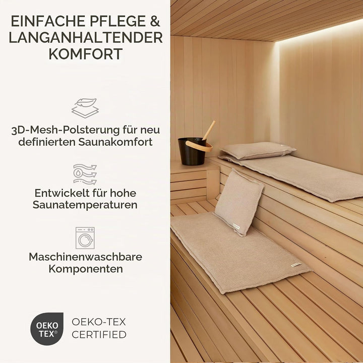 SAUNASOFA Set Short – 2-Sitzer Sauna-Auflage mit Kissen – Saunamatte für Infrarot-Kabine &amp; klassisch