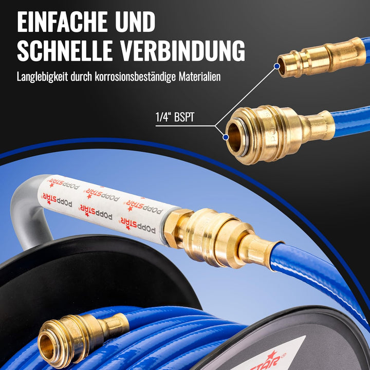Poppstar Manuelle Druckluftschlauchtrommel aus PVC (20m+1,5m, Durchmesser (6x11,5mm)), Anschlüsse 1/