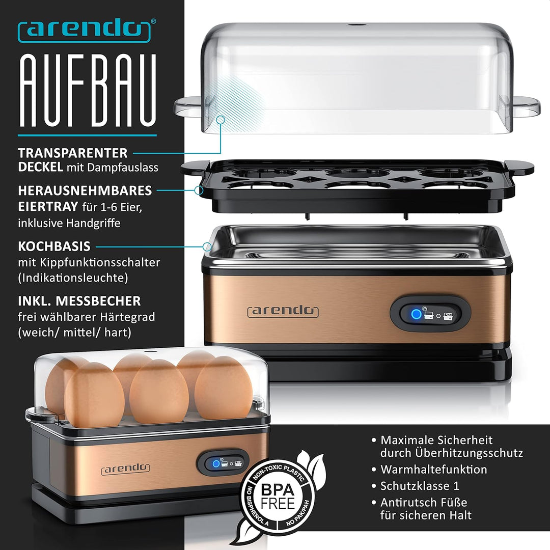 Arendo - SET Toaster FRUKOST mit Eierkocher SIXCOOK Edelstahl Kupfer – Toaster 2 Scheiben, LED-Displ