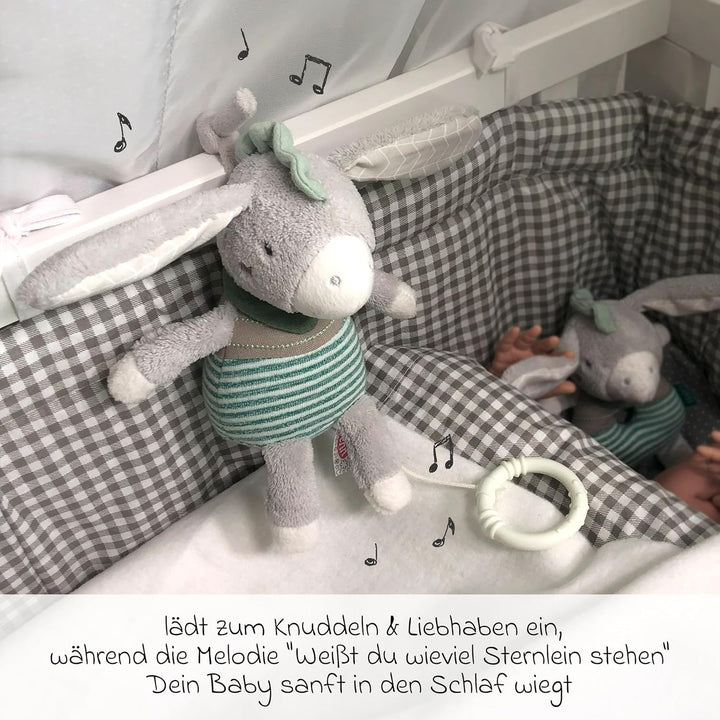 Fehn Spieluhr Baby Einschlafhilfe Esel zum Aufhängen - Kuscheltier mit Melodie Weisst du wieviel Ste