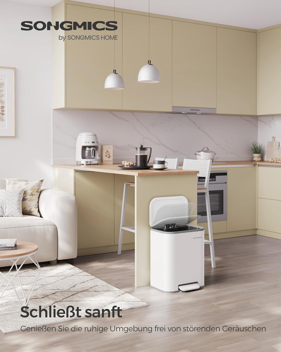 SONGMICS Mülleimer Küche, 20 Liter Abfalleimer mit Deckel, Tretmülleimer, Stahl, Softclose, Offenhal
