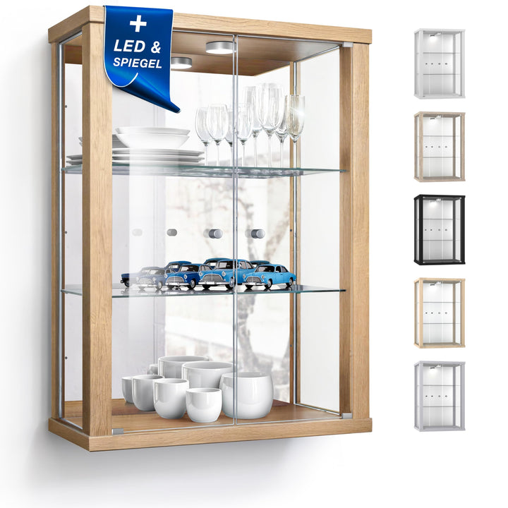 K-Möbel Hängevitrine in Buche (80x60x25 cm) mit 2 höhenverstellbaren Glasböden, Spiegel & LED - Mode