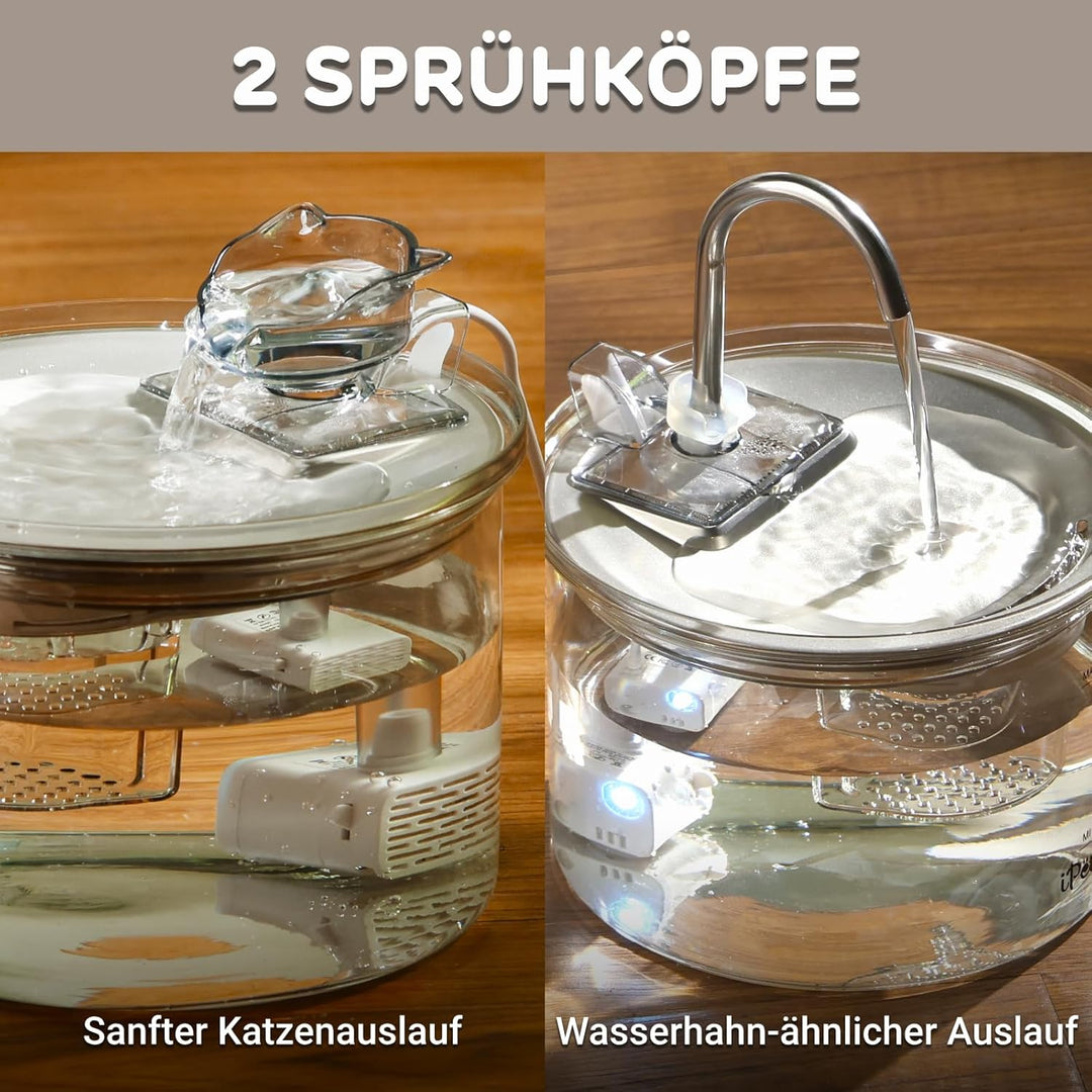 iPettie G01 Glas Katzenbrunnen, Trinkbrunnen für Katzen und Hunde 2L/68oz mit 2 Sprühaufsätzen, 3-st