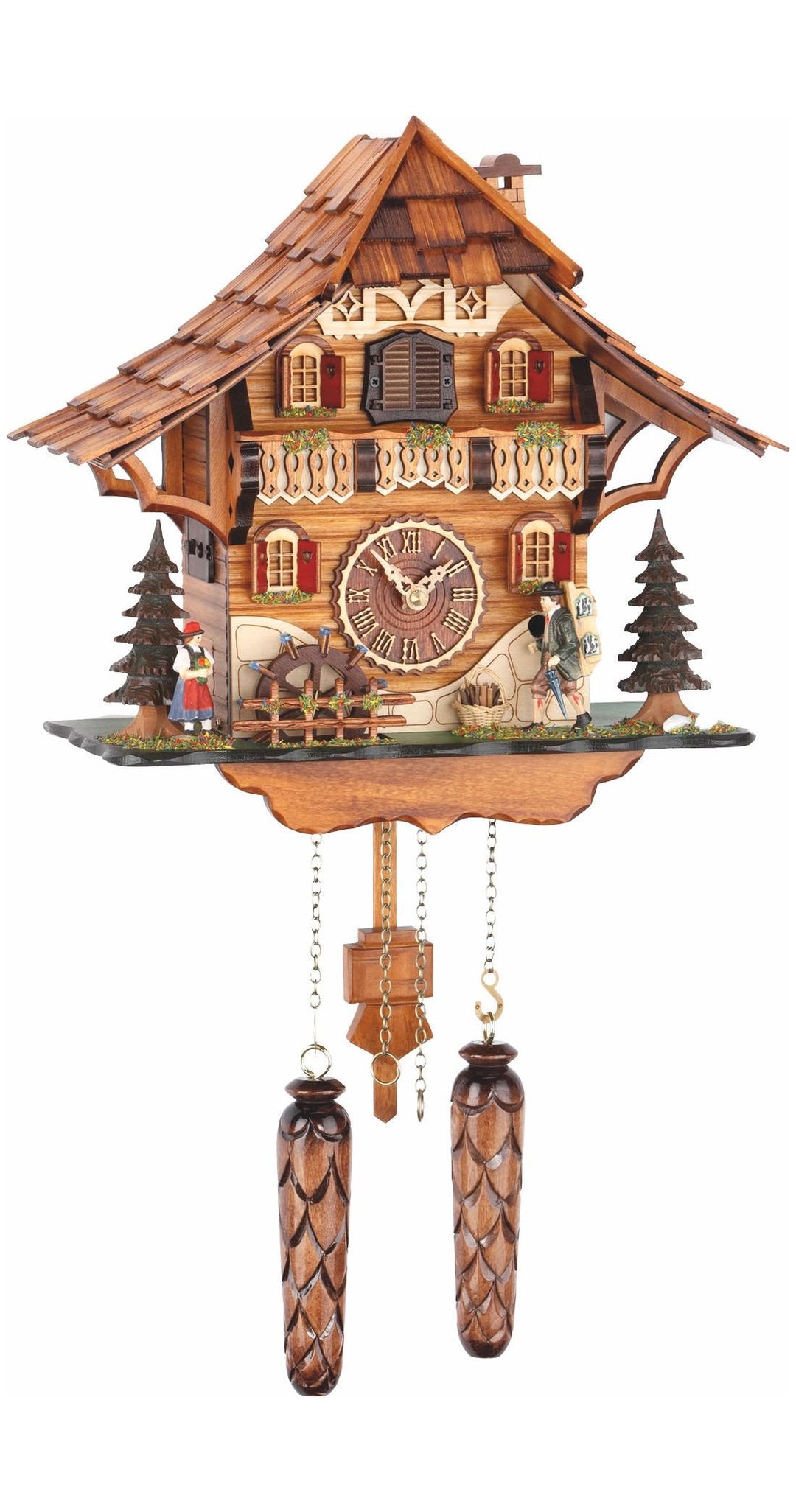 Quarz Kuckucksuhr Schwarzwaldhaus mit beweglichem Uhrenträger und Mühlrad, mit Musik TU 478 QM HZZG