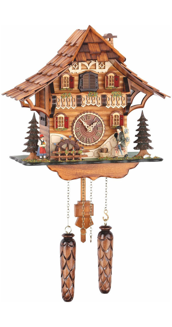 Quarz Kuckucksuhr Schwarzwaldhaus mit beweglichem Uhrenträger und Mühlrad, mit Musik TU 478 QM HZZG