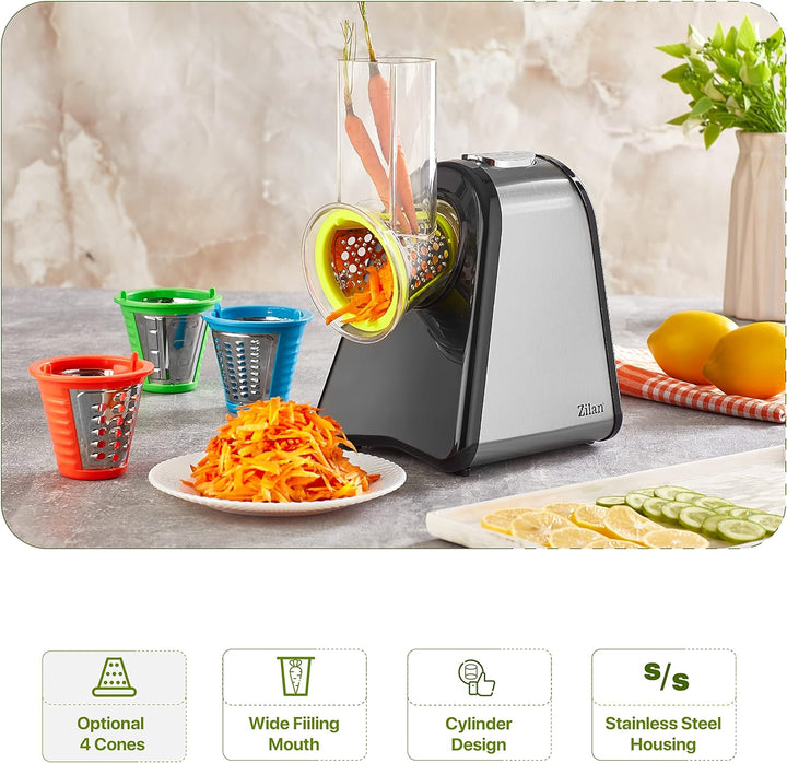 Zilan Gemüseschneider, elektrisch, 4 in 1, Raspeln, Schaben, Mandoline, Gemüse, Obst, 200 W