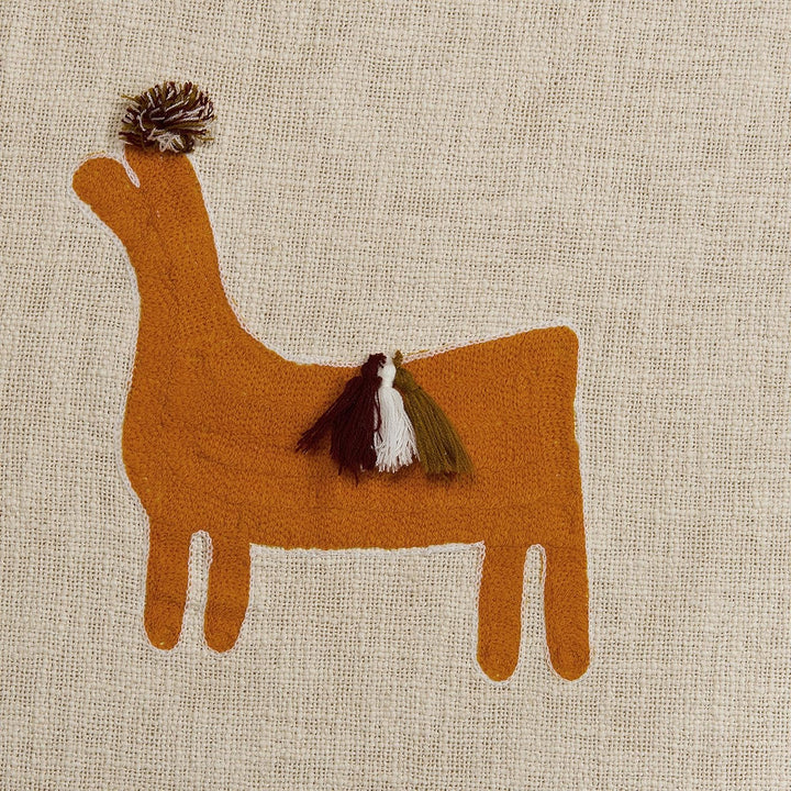 Deko Decke Baumwolle beige/orange mit Lama-Motiv Quasten 130x180 cm Khandwa