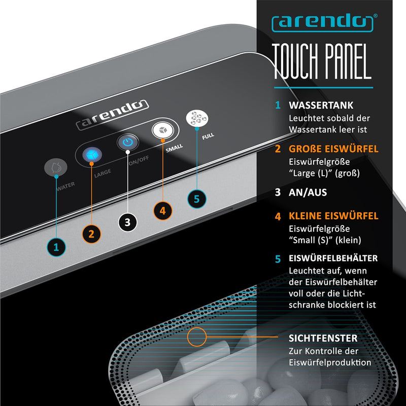 Arendo - Eiswürfelmaschine Edelstahl – Eiswürfelbereiter 1,4 Liter - Eiswürfelautomat mit Kühlung -