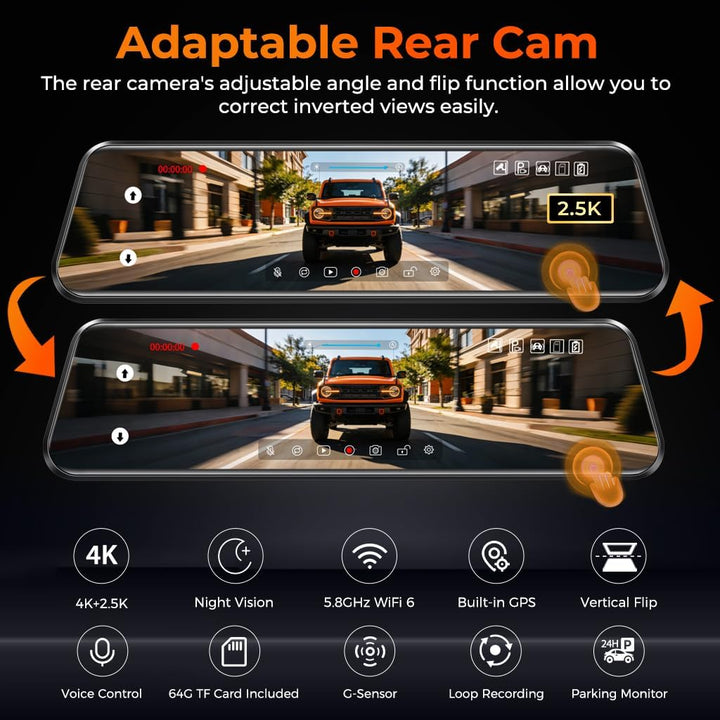 12 Zoll Rückspiegel Dashcam, 4K UHD Frontkamera & 2.5K Rückfahrkamera fürs Auto, mit ADAS BSD LCA Sm