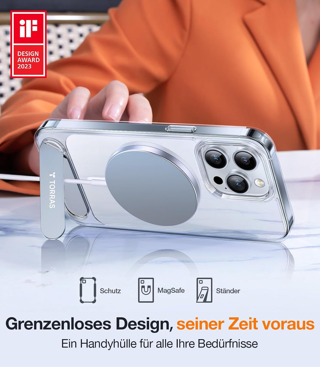 TORRAS Ostand L1 für iPhone 15 Pro Max Hülle mit Flügelständer Kompatibel mit MagSafe-Zubehör 3,66m