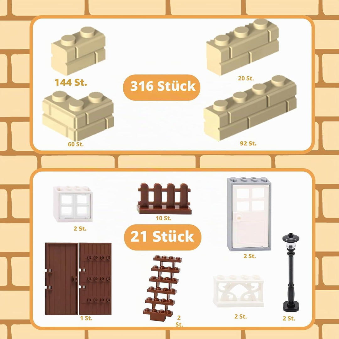 Cabeeskii 337 Stück Bausteine, Masonry Profile Bricks, Enthält Steine Fenster Türen Zäune Sets zubeh